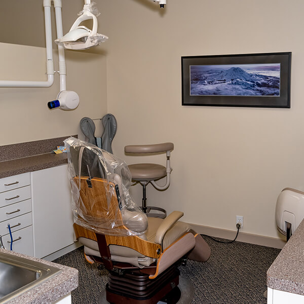 One of Cottage Lake's dental treatment rooms, with a dental chair and a relaxing picture in the background
